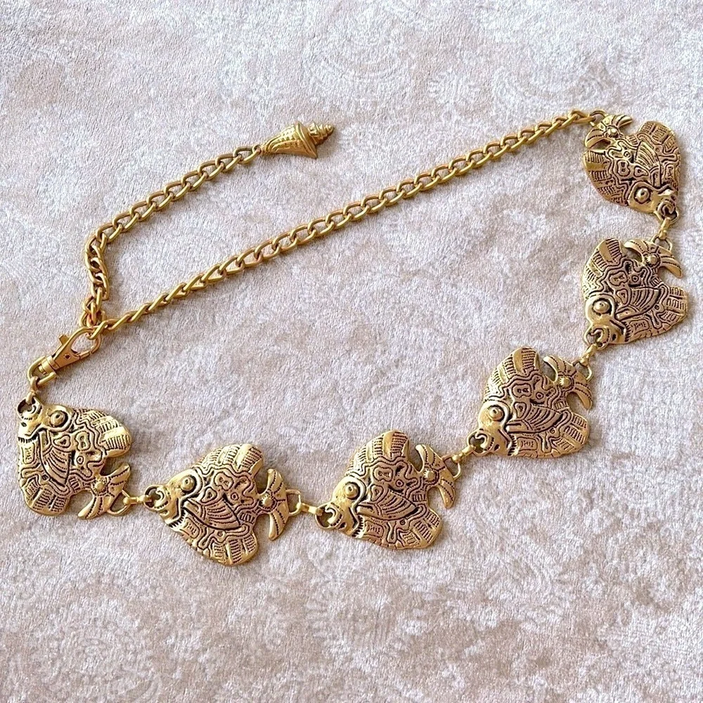 VINTAGE Gold Tone Tropical Angel Fish Chain Belt Metal Cinch Waist Lobster Clasp